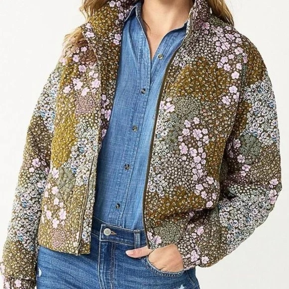 Sonoma Green and Pink Bomber Jacket with Floral Design